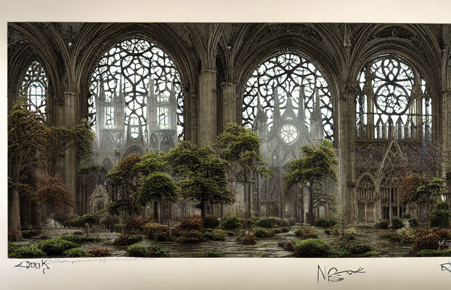 Digital artwork of gothic cathedral interior overtaken by nature