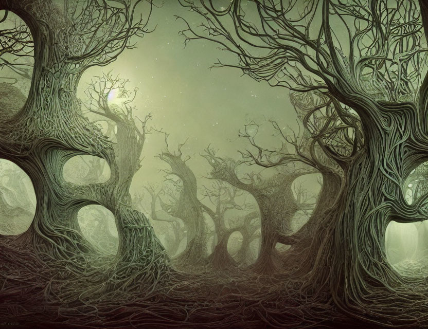 Misty forest with twisted trees in magical ambiance