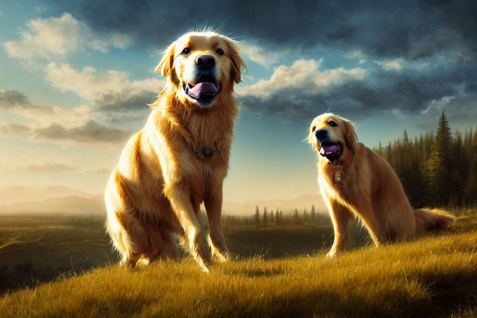 Golden retrievers on grassy hill under warm sunset.