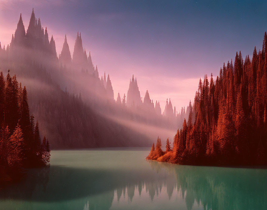 Misty lake nestled among dense forests and towering mountains at twilight