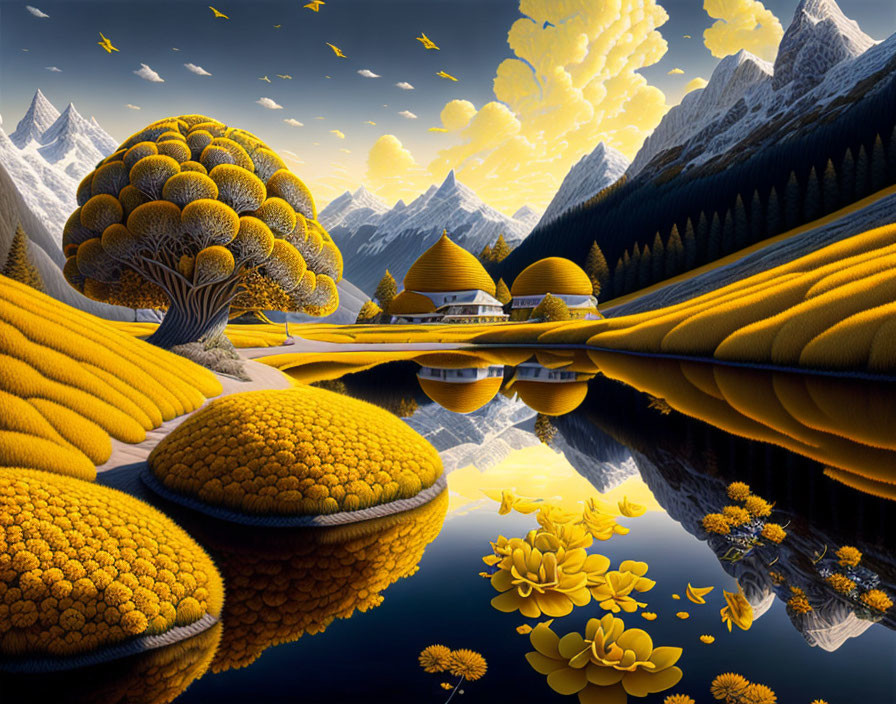 Golden Trees and Mirror Lake in Surreal Landscape with Mountains and Birds