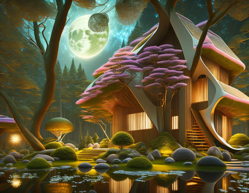 Enchanted forest night scene with oversized moon, modern treehouse, purple trees, orbs, and