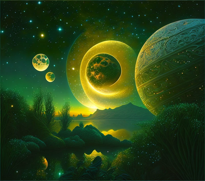 Ethereal sci-fi landscape with multiple moons and glowing foliage