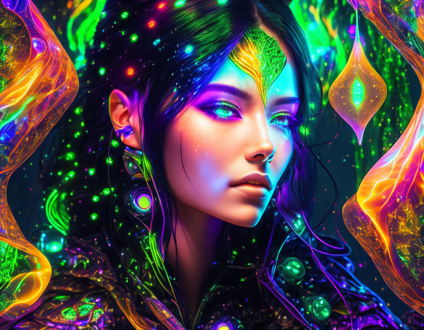 Colorful digital artwork of woman with glowing, multicolored skin and cosmic patterns.