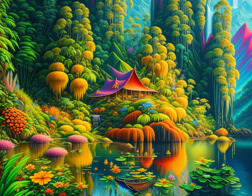 Fantastical landscape with lush foliage, serene lake, colorful flora, and whimsical tent.