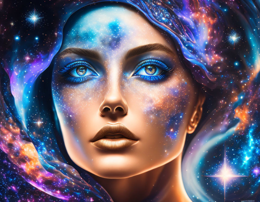 Cosmic-themed digital art portrait of a woman with starry features