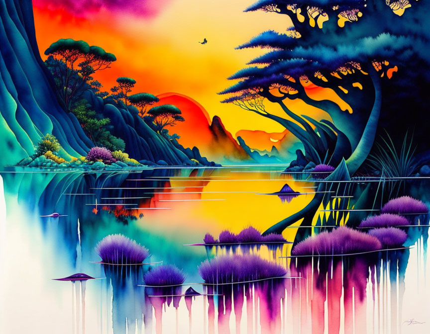 Colorful Skies and Surreal Trees in Vibrant Landscape Painting