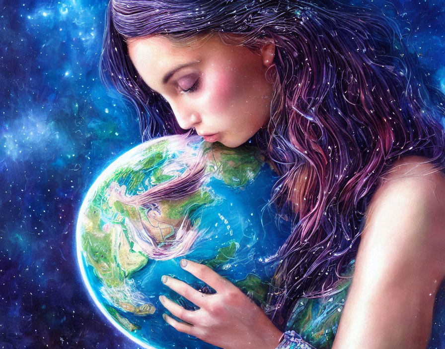 Portrait of Woman Embracing Glowing Earth in Cosmic Scene