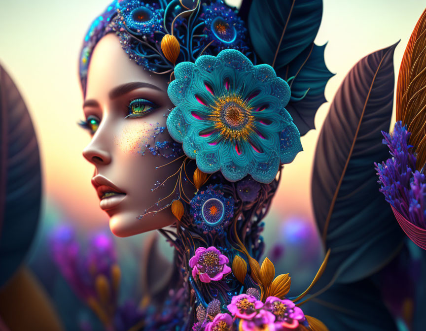 Fantasy-themed digital artwork of a woman with floral patterns and vivid plants.