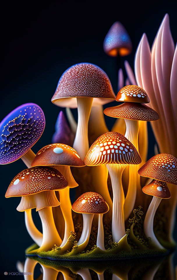 Colorful digital artwork showcasing glowing, whimsical mushrooms on dark backdrop