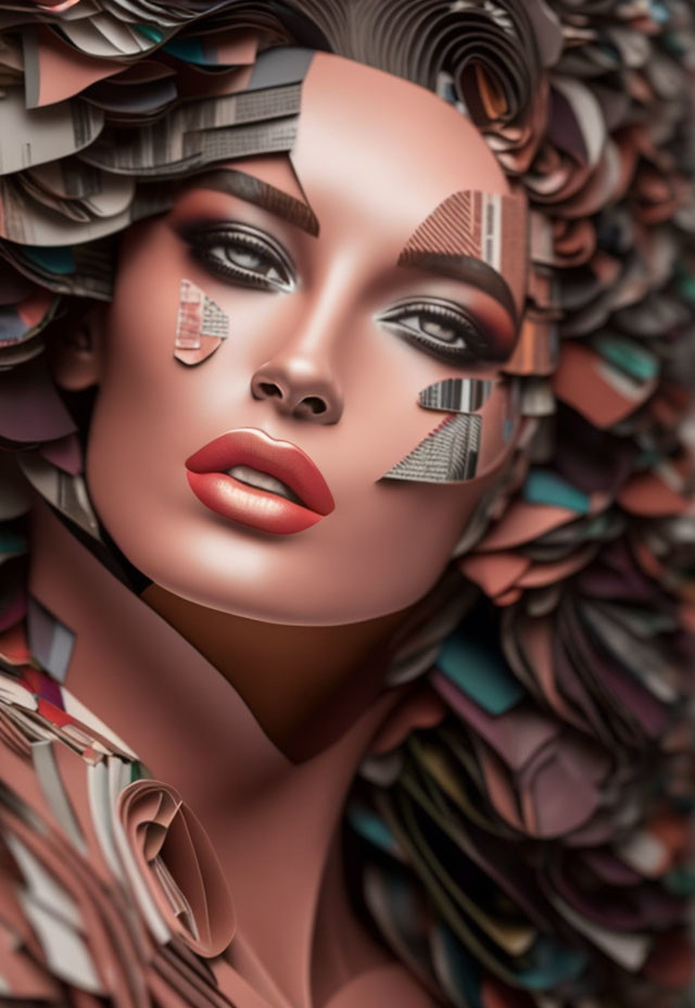 Stylized female face with geometric makeup and flowing ribbon hair in earthy tones