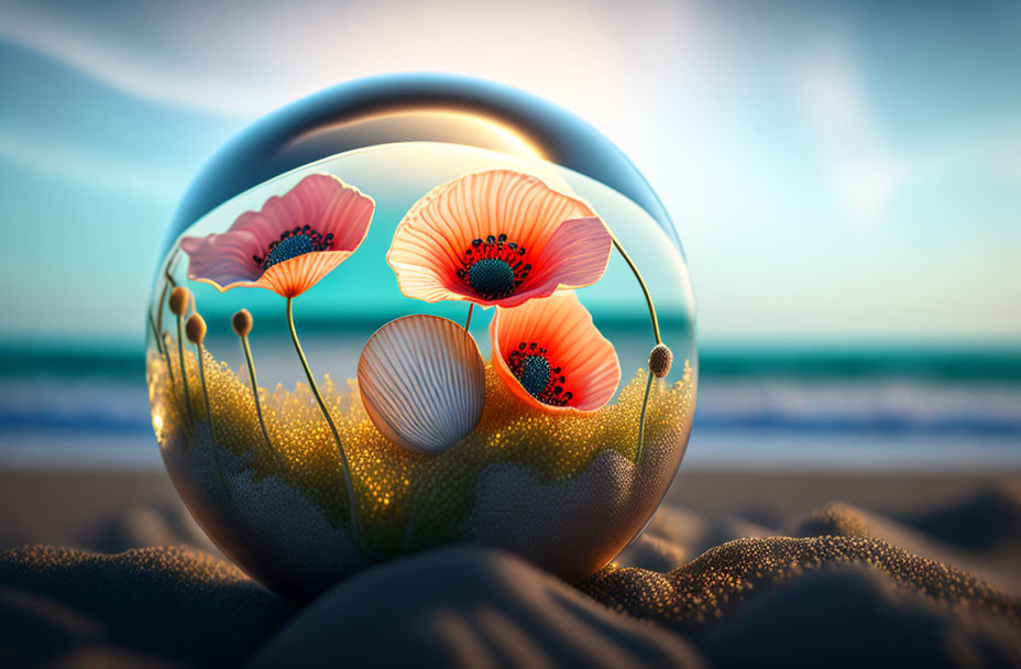 Transparent bubble with poppies, pearls, golden beach, azure sea