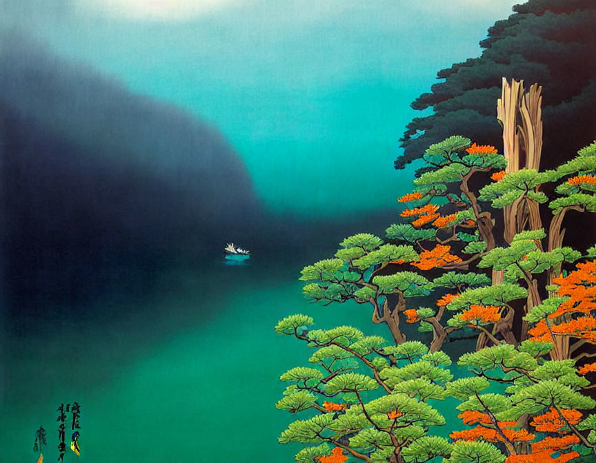 Tranquil painting of misty teal lake, green trees, orange foliage, and distant boat