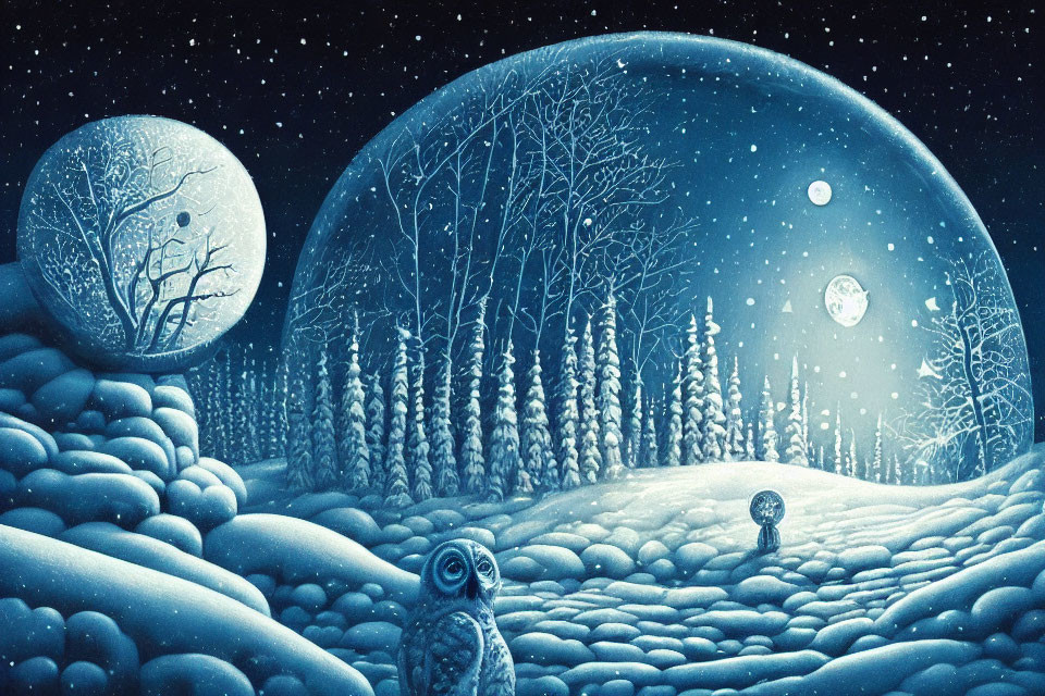 Winter landscape with owl, trees in spheres, moonlit snow, starry sky