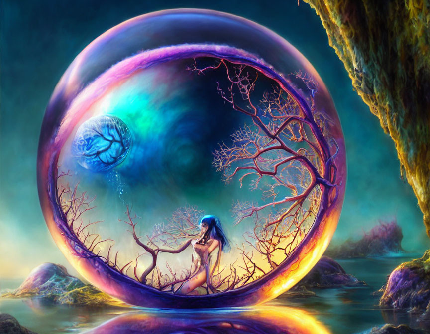 Surreal artwork of woman in bubble with tree in mystical setting