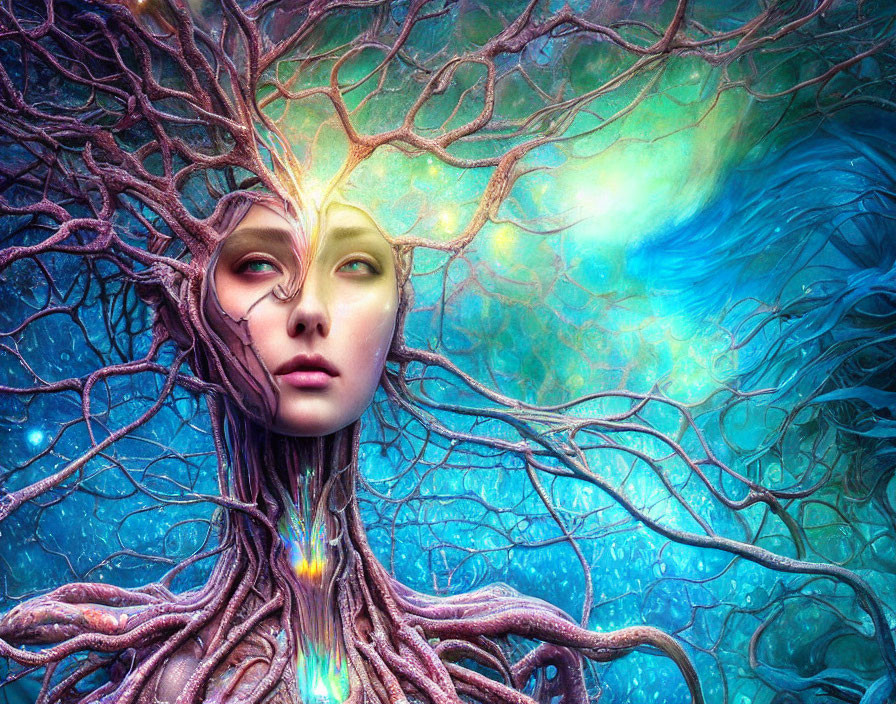 Fantastical female figure with tree-like features on vibrant turquoise and blue backdrop