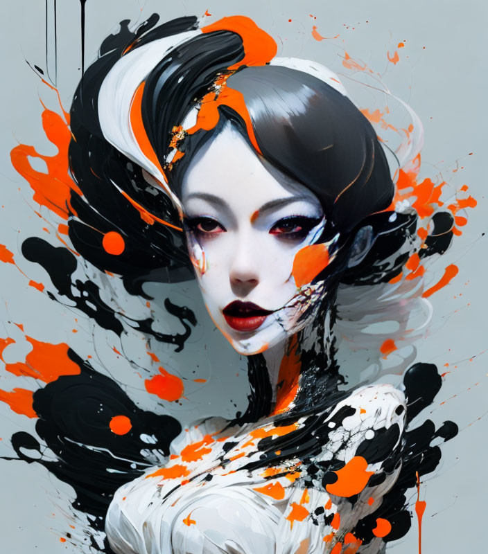 Abstract digital artwork: Woman with black and orange hair, paint splashes.
