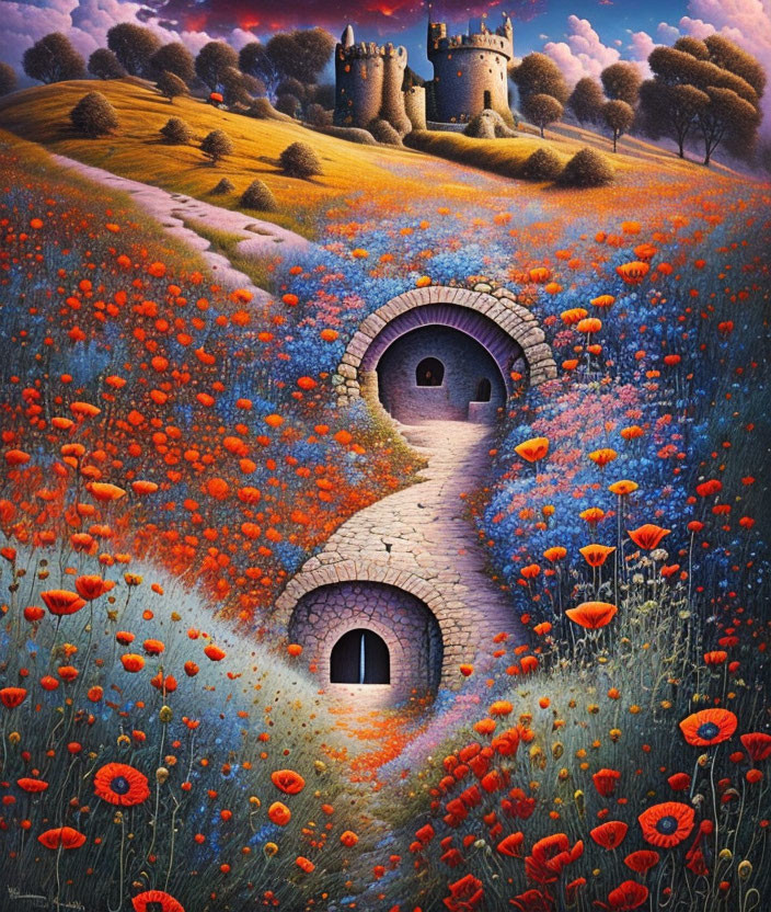 Artwork: Stone castle on hill, poppy field, blue sky