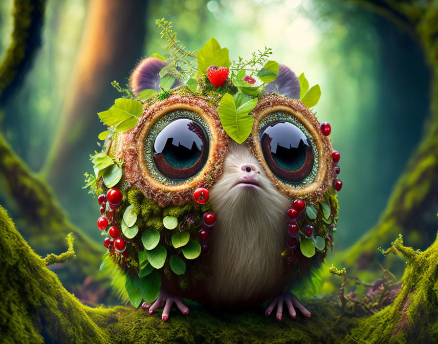 Whimsical creature with large eyes and forest-inspired decorations