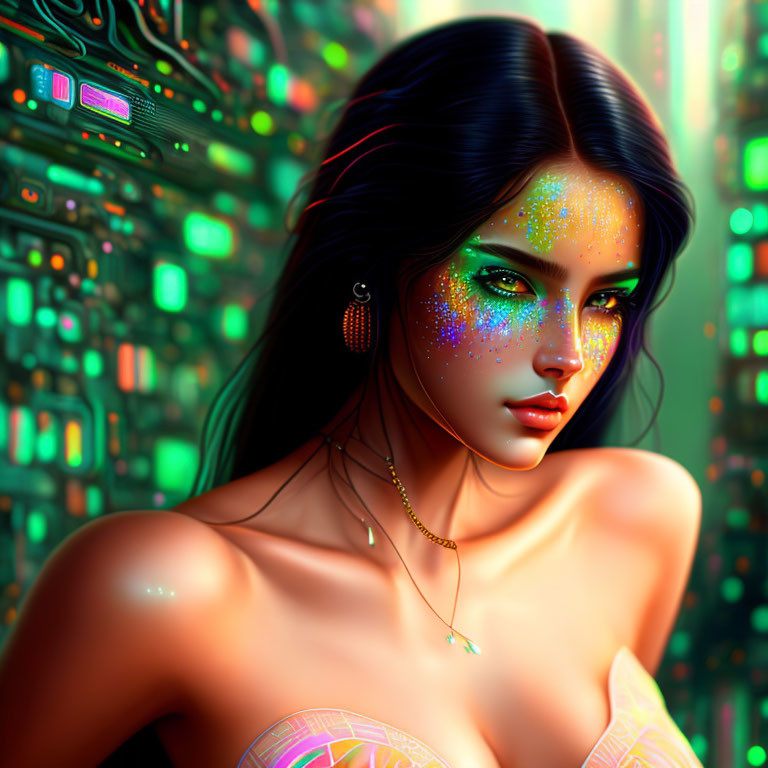 Multicolored skin woman in cyberpunk digital art