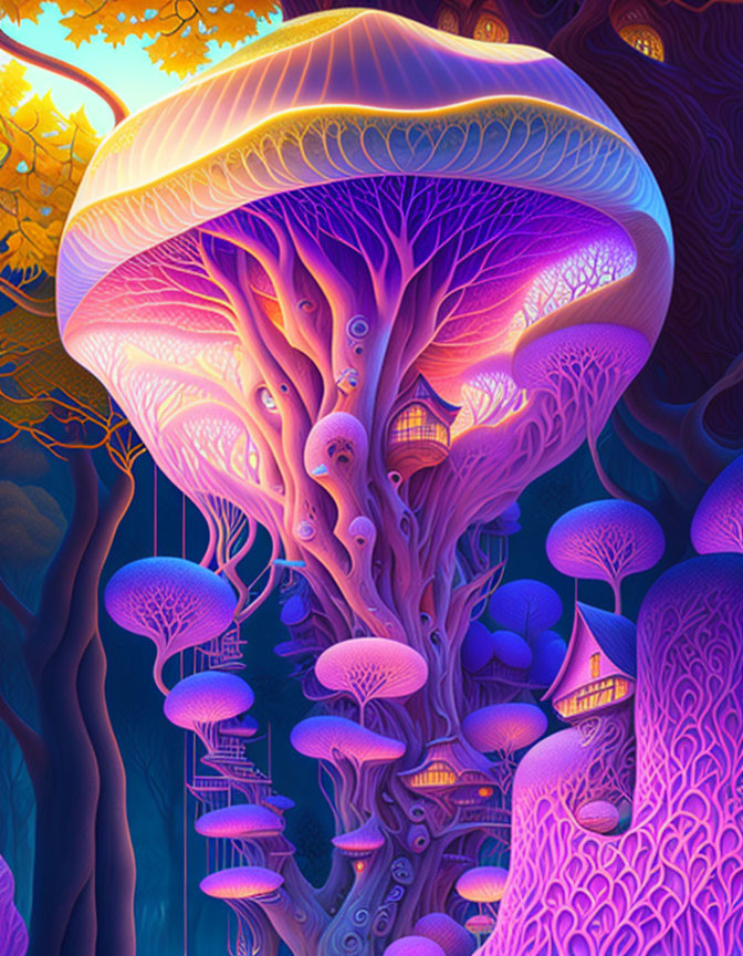 Colorful fantasy forest with oversized jellyfish-like structures and treehouse elements