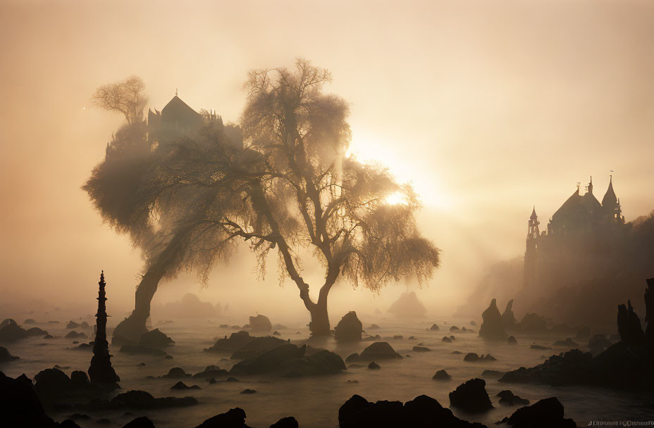 Mystical landscape with golden mist, trees, and gothic spires.