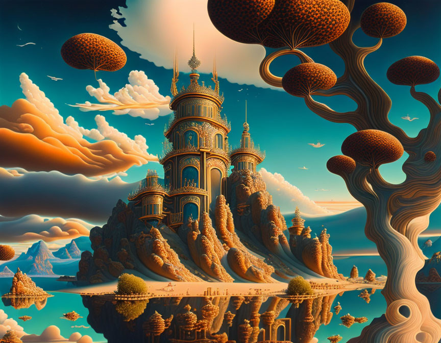 Fantastical landscape with golden castle, floating tree islands, whimsical tree