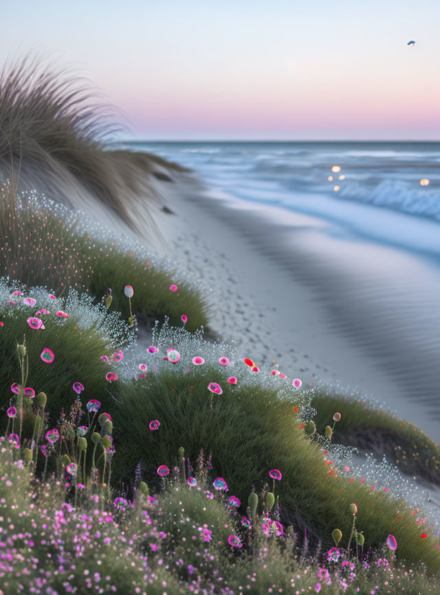 Tranquil beach twilight with vibrant wildflowers, soft waves, and distant bird