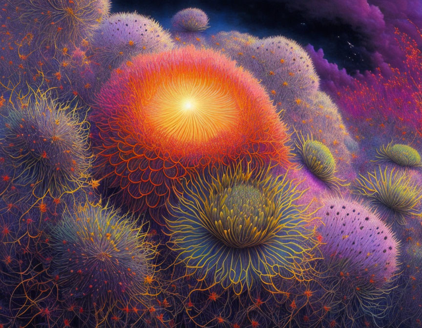 Fantastical alien flora landscape with radiant sun center in orange, purple, and yellow hues.