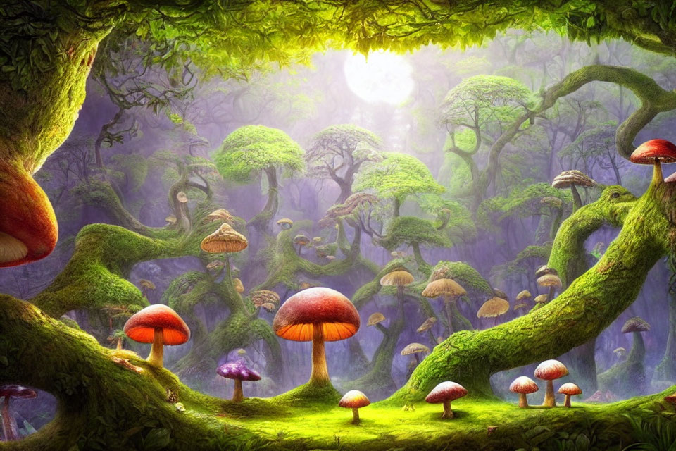 Enchanted forest with oversized mushrooms and twisted trees