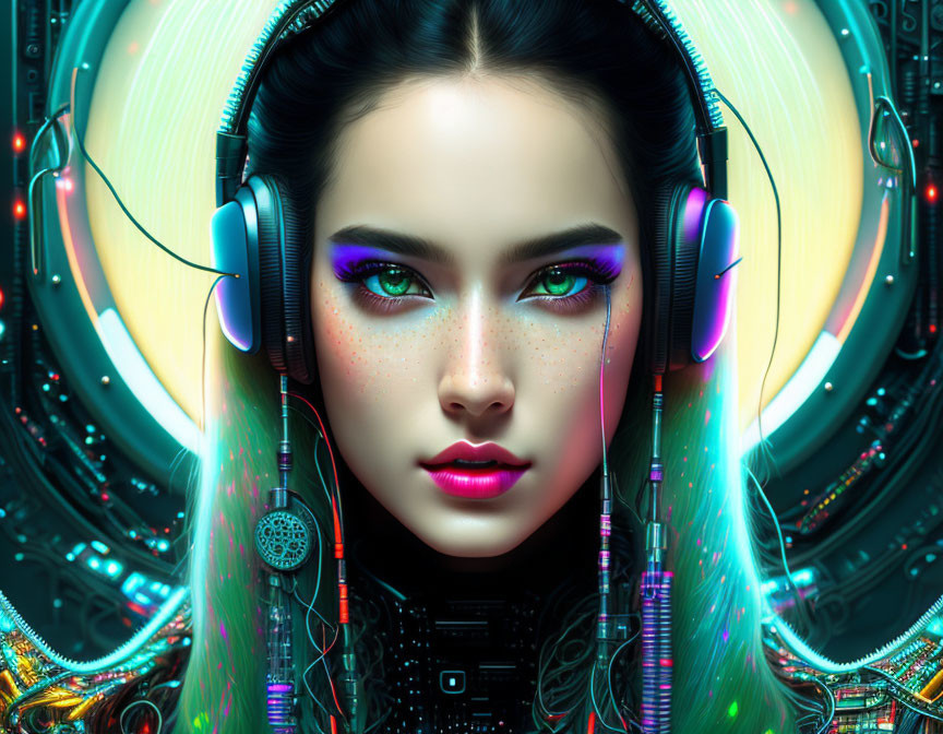 Colorful digital artwork of woman with headphones and futuristic techno elements