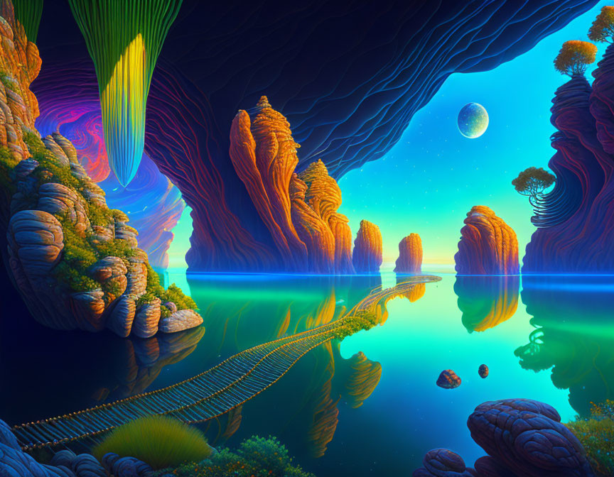 Surreal fantasy landscape with alien planet and suspended bridge