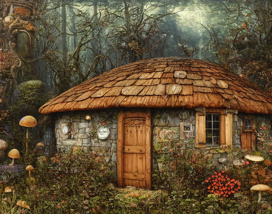 Stone cottage with thatched roof in enchanting forest with colorful mushrooms.