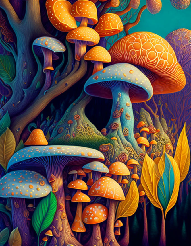 Colorful Oversized Mushroom Illustration in Enchanted Forest