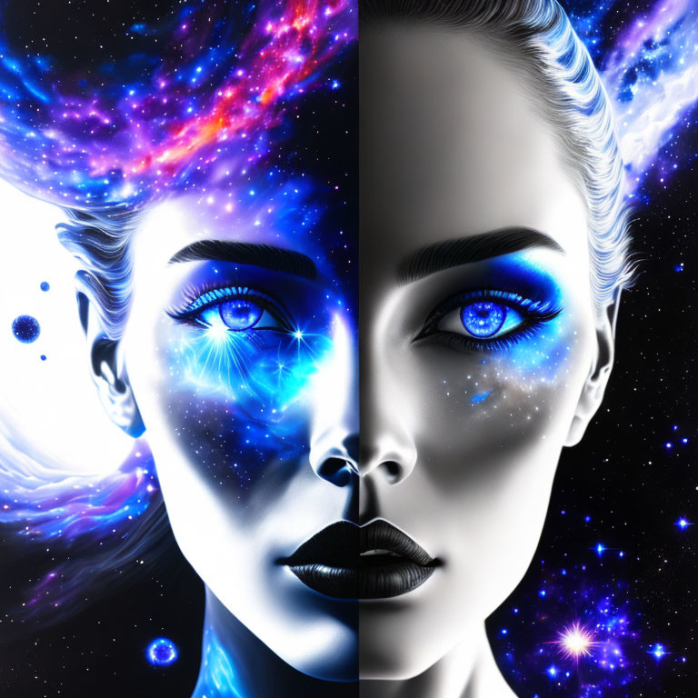 Split-image of woman's face merged with galactic theme.