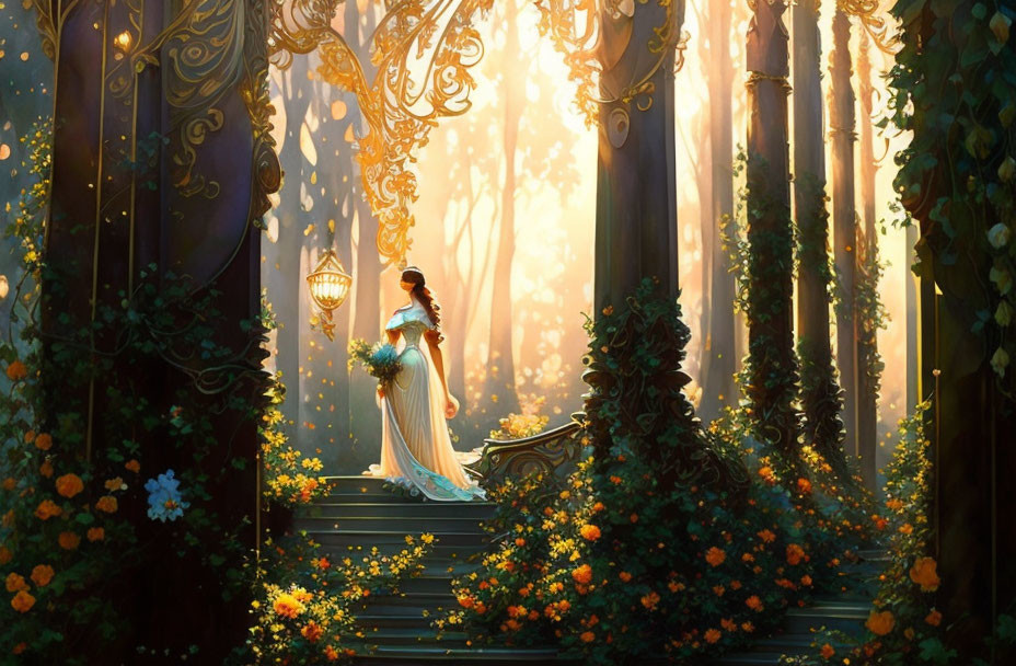 Woman in elegant attire climbing lush staircase under golden sunlight