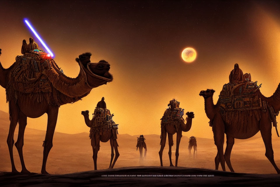 Surreal desert scene with camels, robed figures, and futuristic elements