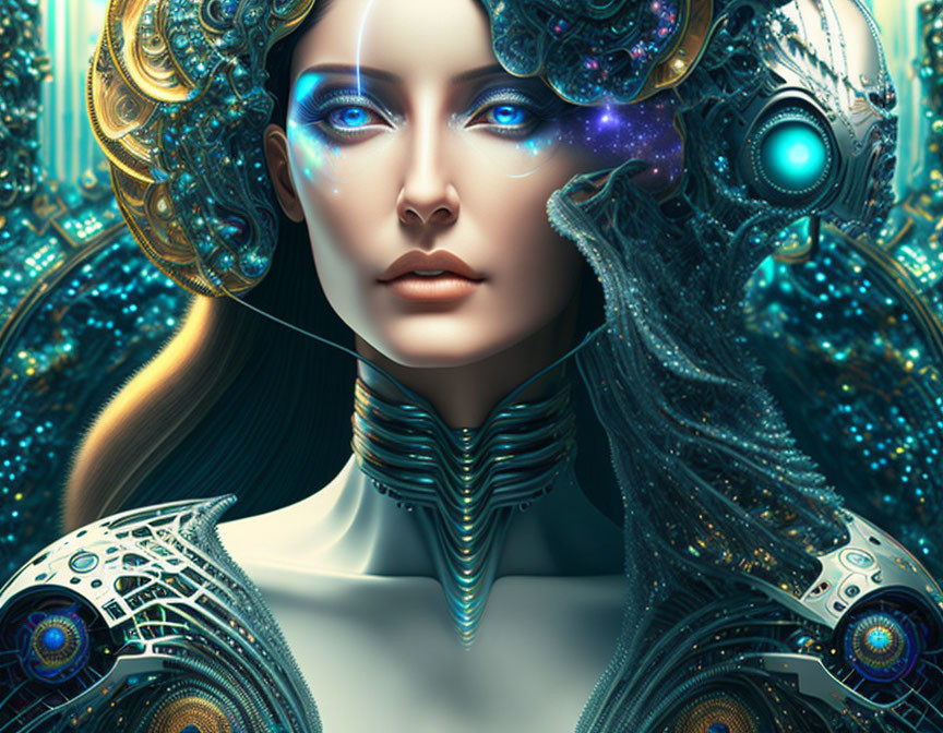 Futuristic female cyborg with blue metallic headgear and luminescent eyes