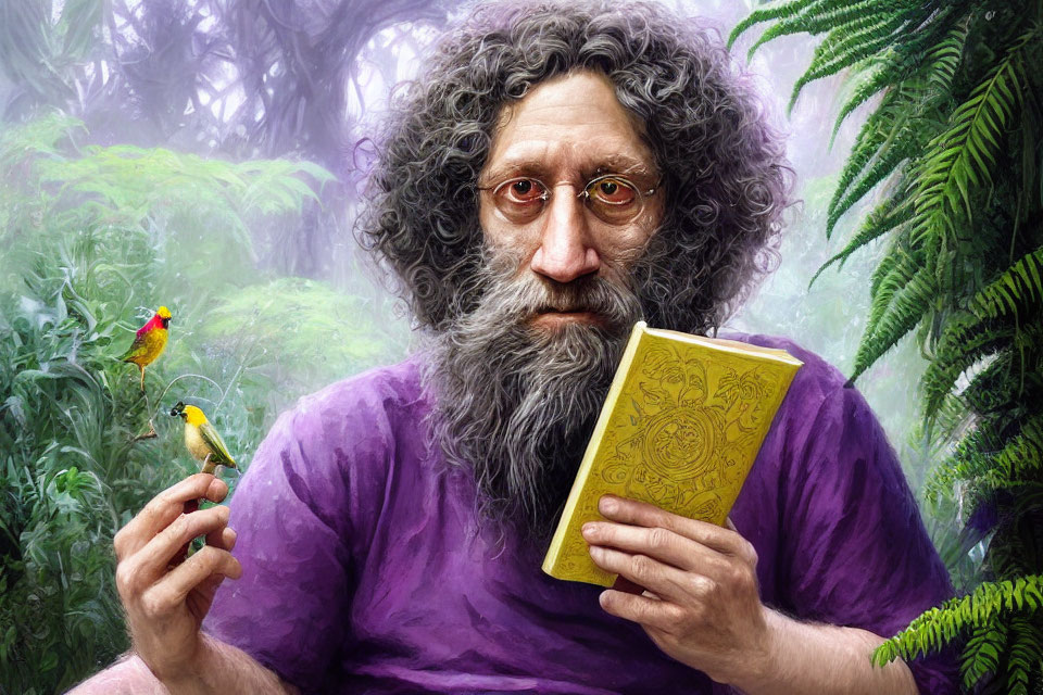 Elderly man with gray hair and glasses holding yellow book surrounded by colorful birds in misty forest