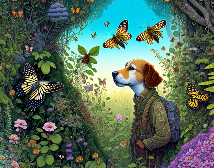 Colorful Dog with Backpack Admiring Butterflies in Lush Forest