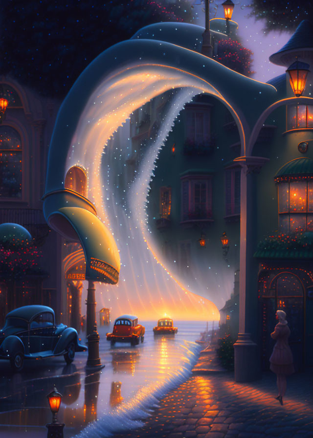Whimsical night scene with woman and magical waterfall surrounded by vintage cars and streetlights