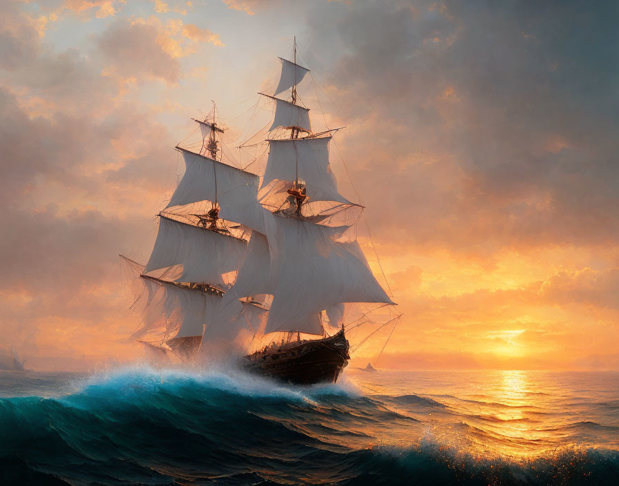 Majestic tall ship with white sails on rough seas at sunset