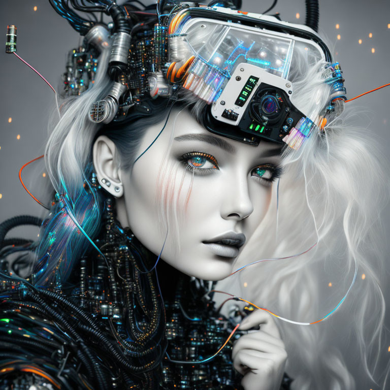 Futuristic female android with intricate wiring and digital eye interface in glowing lights