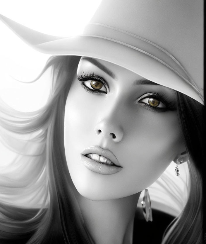 Monochrome portrait of woman in wide-brimmed hat with captivating eyes