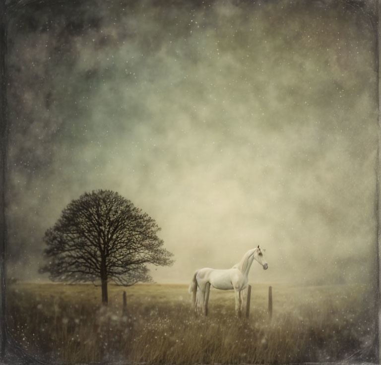 White Horse in Sepia-Toned Field with Leafless Tree