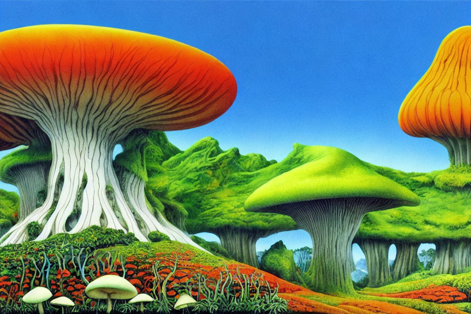 Vibrant fantasy landscape with oversized mushrooms and lush greenery under a clear blue sky