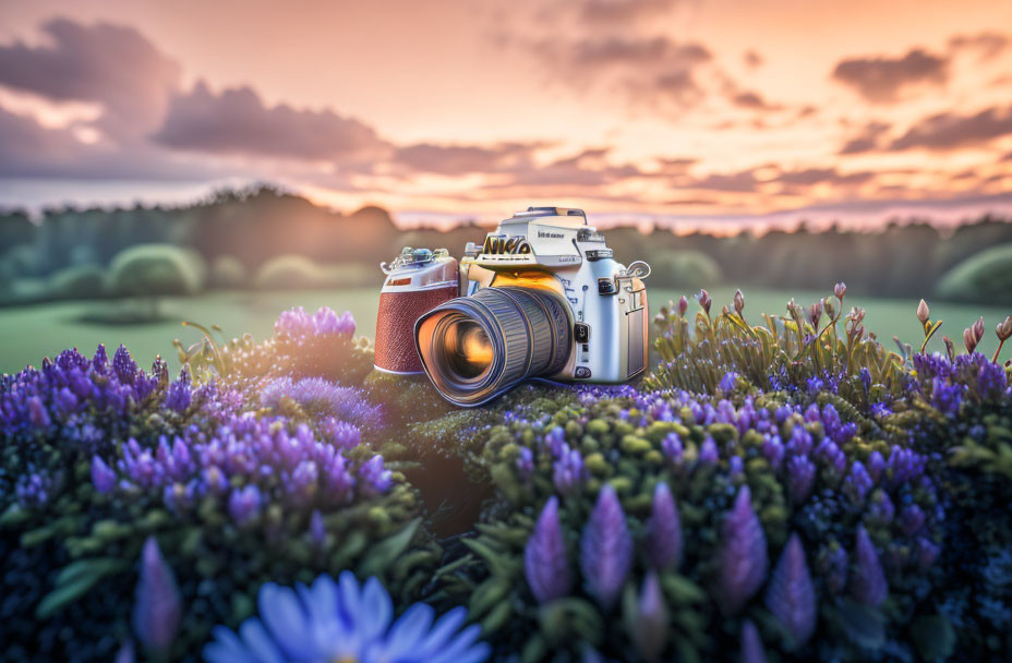 Vintage camera surrounded by purple flowers under a sunset sky