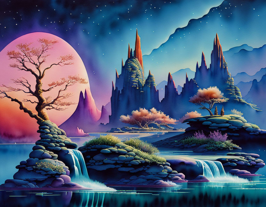 Vibrant fantasy landscape with pink moon, waterfalls, colorful flora, and purple rock formations