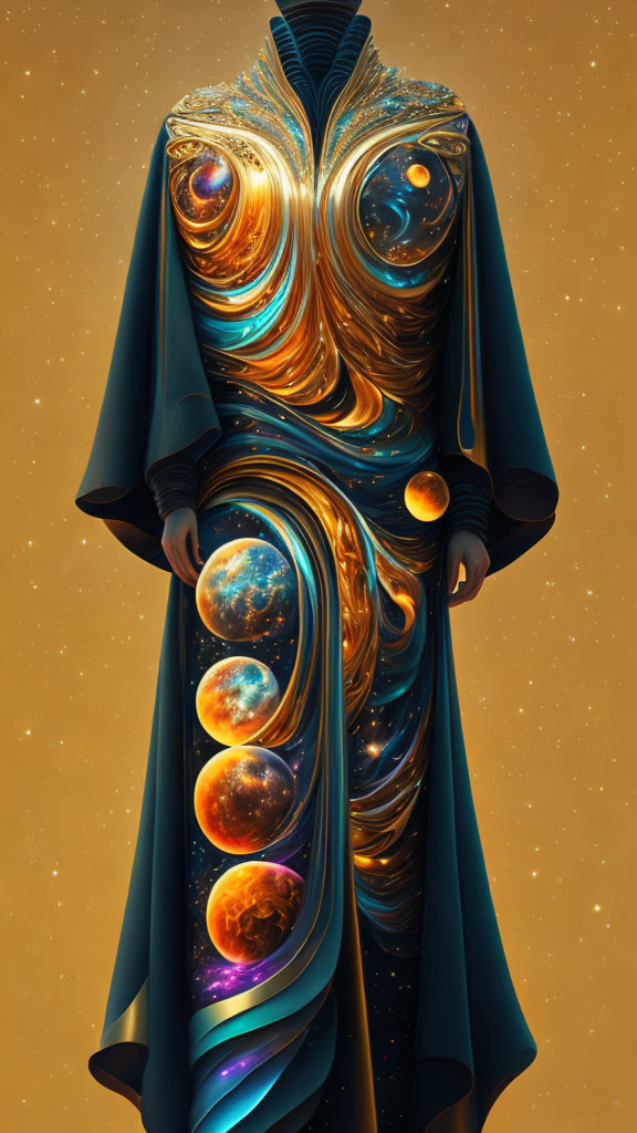 Cosmic-themed figure in elaborate robe on golden background
