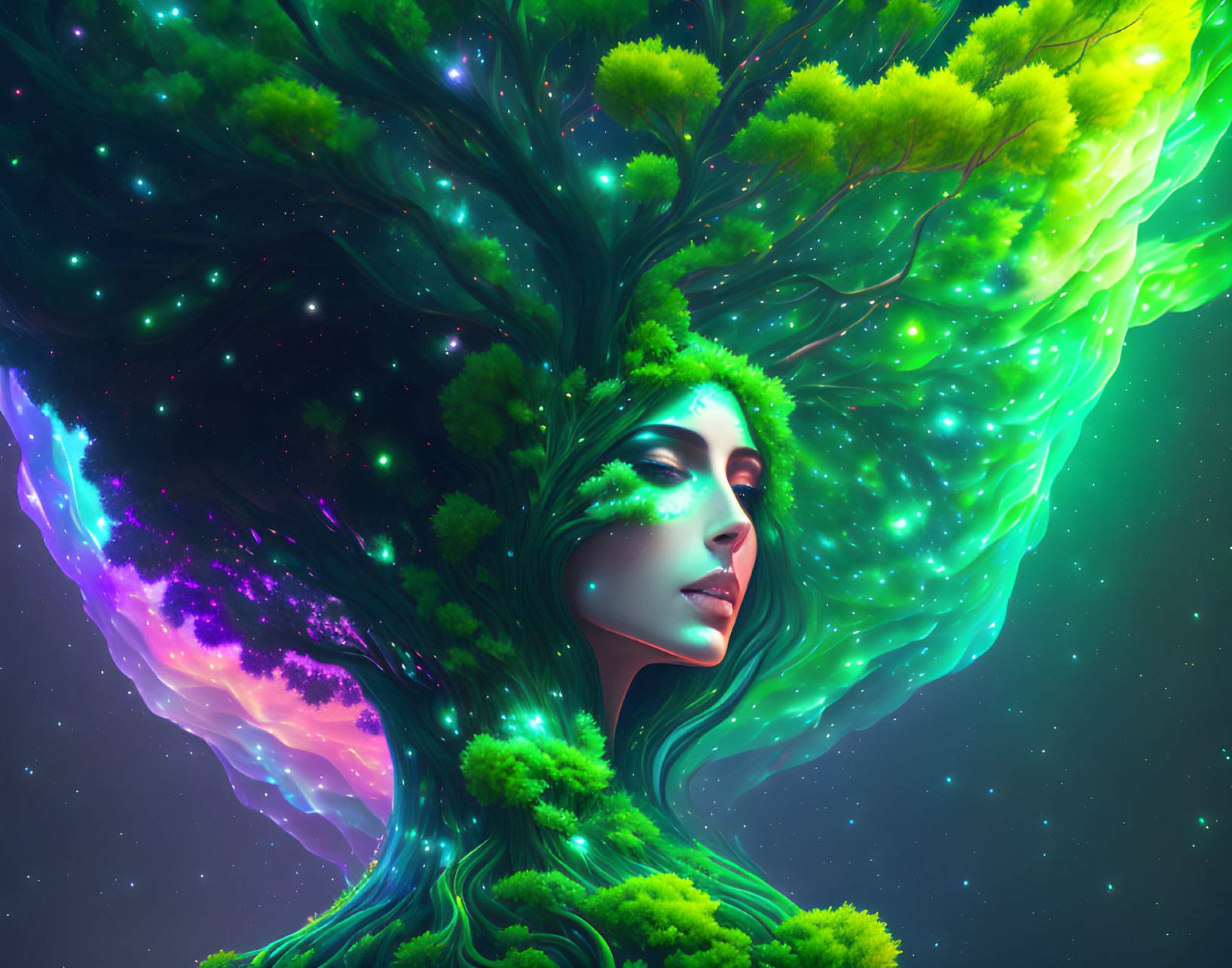 Colorful artwork: Female figure merging with tree against cosmic backdrop